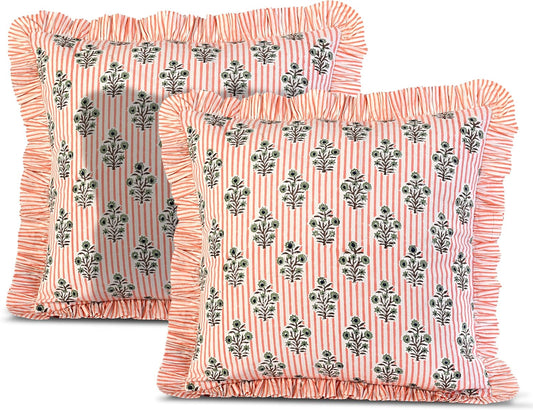 Ridhi Block Print Salmon Blossom Throw Pillow Cover 18" x 18" (Pack of 2) Decorative Cushion Covers with Ruffle for Couch, Sofa, Bed, Living Room, Home Decor Gift for Spring, Easter, Valentine