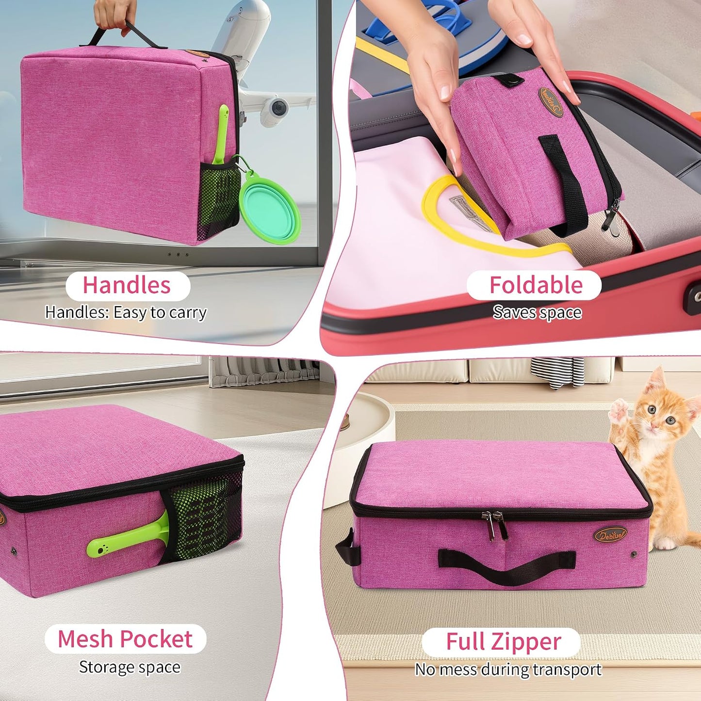 Deblue Portable Cat Travel Litter Box in Car, Collapsible Cat Litter Carrier with Lid, Waterproof Foldable Litter Box for Outdoor Fit for Large Cats, Leak-Proof, Sturdy, Lightweight-Pink