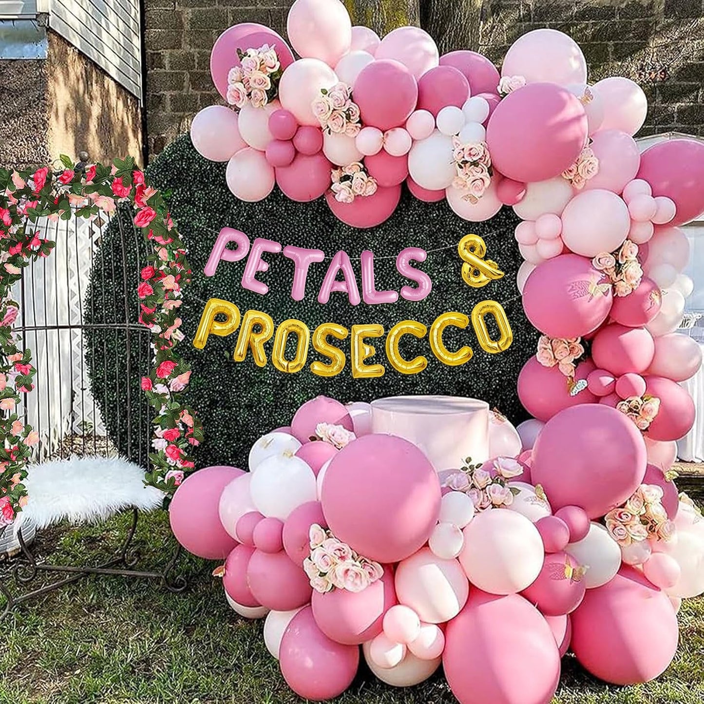 Petals And Prosecco Bridal Shower Decorations Artificial Pink Flowers Garland Prosecco Balloons Spring Roses Floral Hanging Garland Vine Wedding Party Supplies