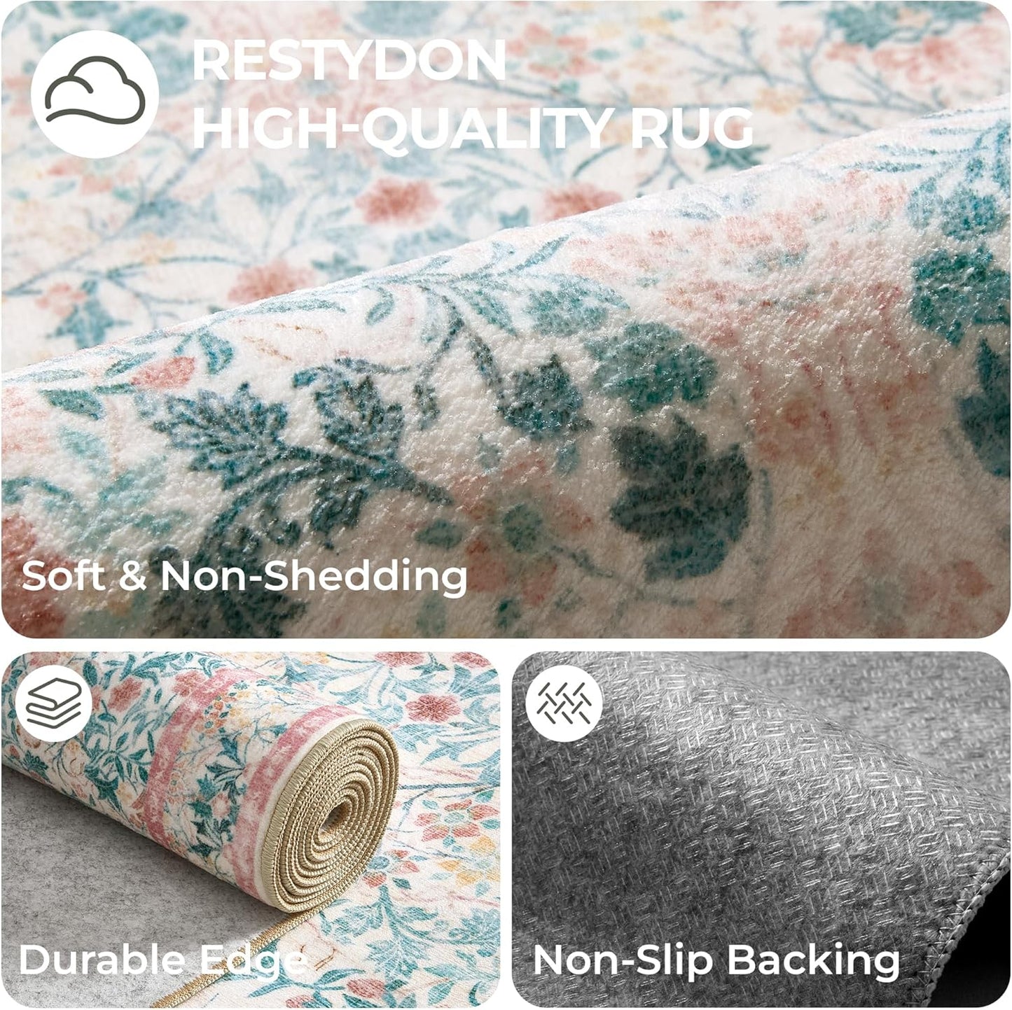2x6 Runner Rug, Pink Floral Rug for Entryway, Moynesa Washable Kitchen Rugs with Rubber Backing, Thin Soft Botanical Runners for Hallways, Kids Room, Playroom, Nursery(2'x6', Pink)