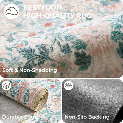 2x6 Runner Rug, Pink Floral Rug for Entryway, Moynesa Washable Kitchen Rugs with Rubber Backing, Thin Soft Botanical Runners for Hallways, Kids Room, Playroom, Nursery(2'x6', Pink)