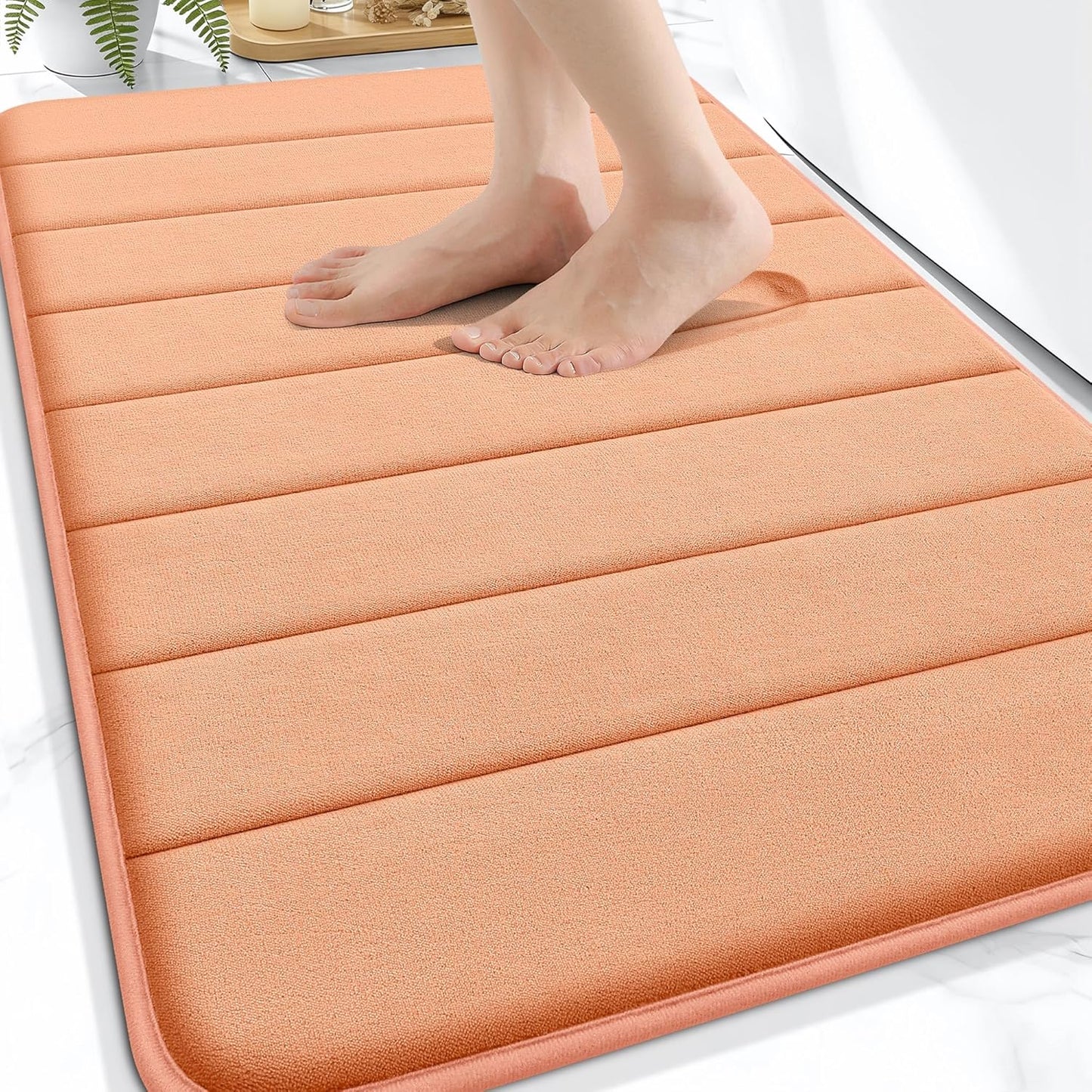 OLANLY Memory Foam Bath Mat 30x20, Super Soft Absorbent Bathroom Rugs, Quick Dry, Machine Washable Shower Floor Rugs, Bathmat Carpet, Bathroom Home Decor Accessories, Peach