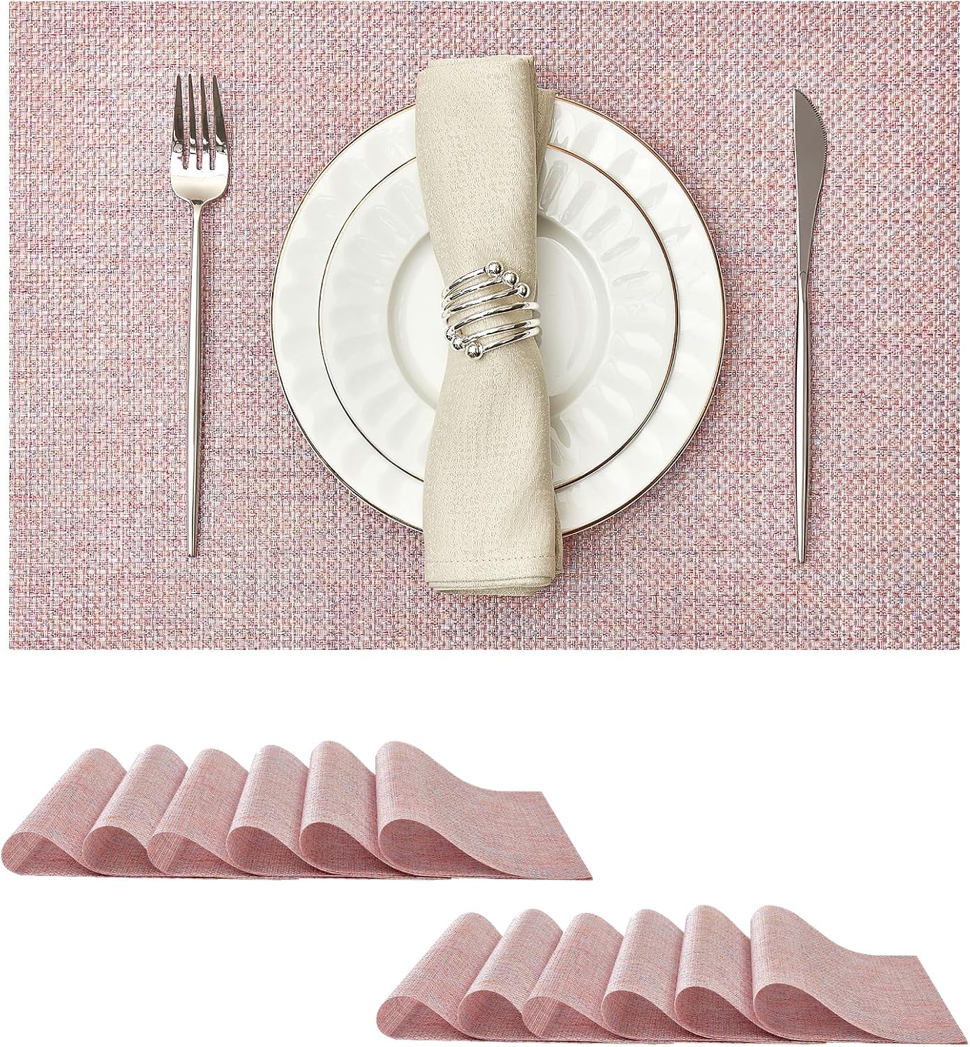 Leetaltree Sparkling Pink Iridescent Vinyl Woven Placemats, Set of 12, Waterproof Washable Dining Table Mats for Wedding, Anniversary, Daily Use & Decor