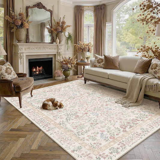 PureCozy 8x10 Pink Area Rug for Living Room Bedroom Washable Vintage Floral Carpet Low Pile Non Slip Botanical Aesthetic Large Dining Room Soft Accent Throw Rug Nursery Office Indoor