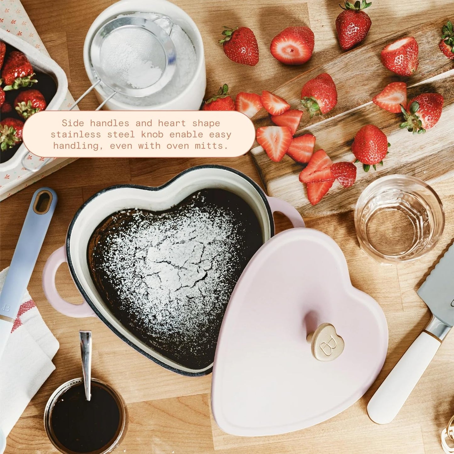 2QT Cast Iron Dutch Oven, Enameled Heart Shaped Casserole Dish with Lid, Oven Safe 500°F, Small Dutch Oven for Baking, Braising, Soups & Desserts (Pink Champagne)