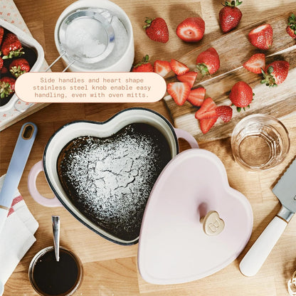 2QT Cast Iron Dutch Oven, Enameled Heart Shaped Casserole Dish with Lid, Oven Safe 500°F, Small Dutch Oven for Baking, Braising, Soups & Desserts (Pink Champagne)
