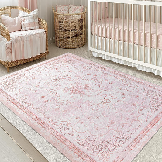 Pink Rug for Nursery Girl Bedroom 5x8 - Cute Bow Coquette Room Decor for Teen Girls Aesthetic,Washable Light Pink and White Cottage Core Floral Scalloped Rug for Dorm Room College Students Playroom