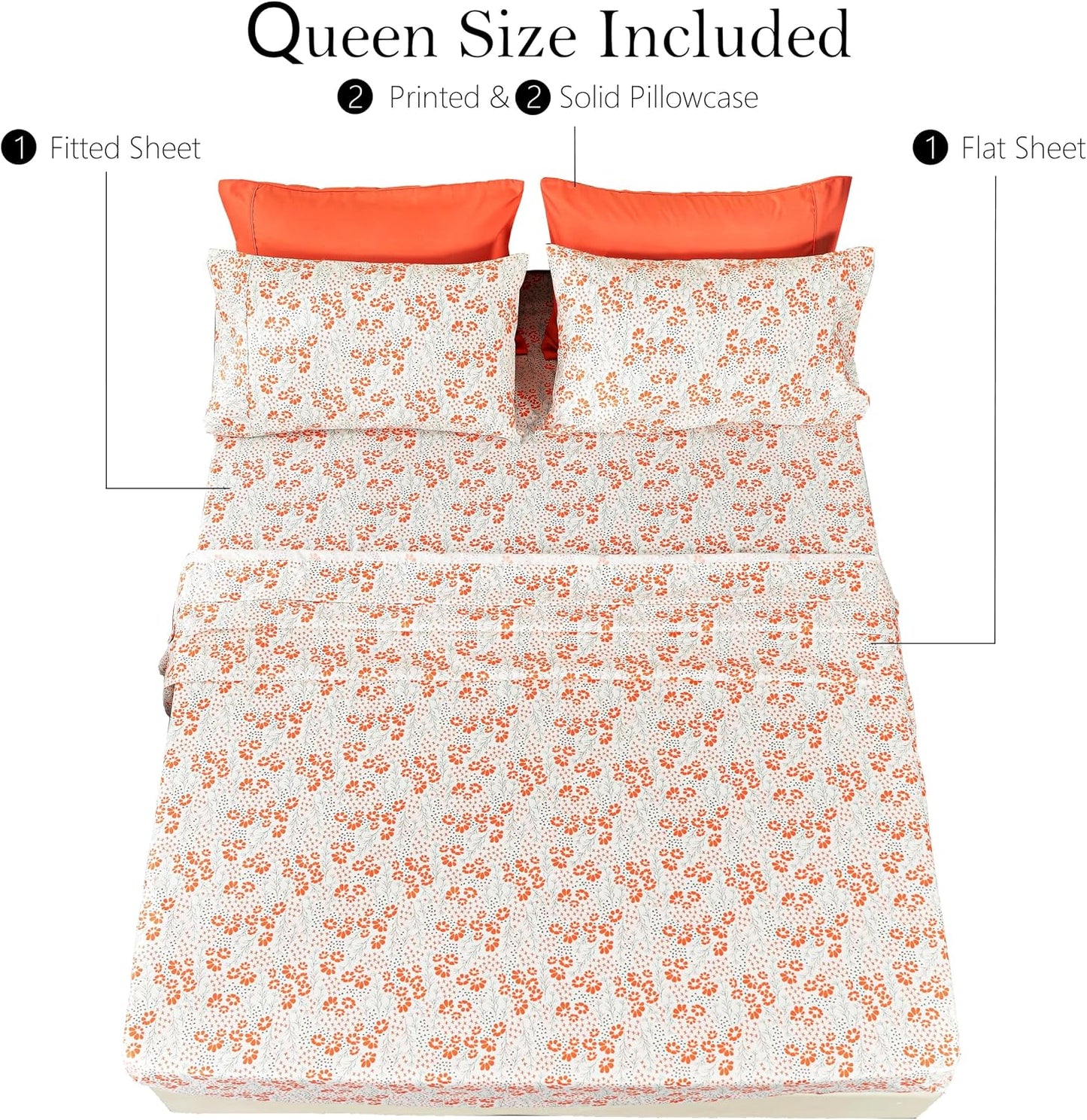 American Home Collection Ultra-Soft Microfiber Sheet Set - Double Brushed - Wrinkle and Stain Resistance - Fit 14 inches Deep Pocket - 6 Pieces Set (Queen, Peach Floral)