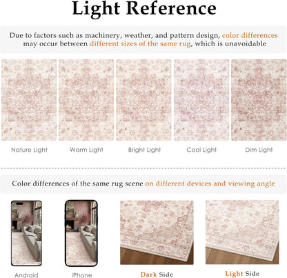 8x10 Washable Neutral Area Rug Pink Vintage Living Room Bedroom Carpet Non-Slip Soft Low Pile Farmhouse Indoor Large Throw Rug for Dining Room Office
