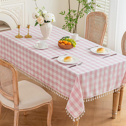 Pink Gingham Tablecloth with Tassels, Cotton Linen Checkered Plaid Table Cloth, Farmhouse Table Cover for Dining Table, Picnic, Baby Shower, Washable, 55x75 Inch Rectangle