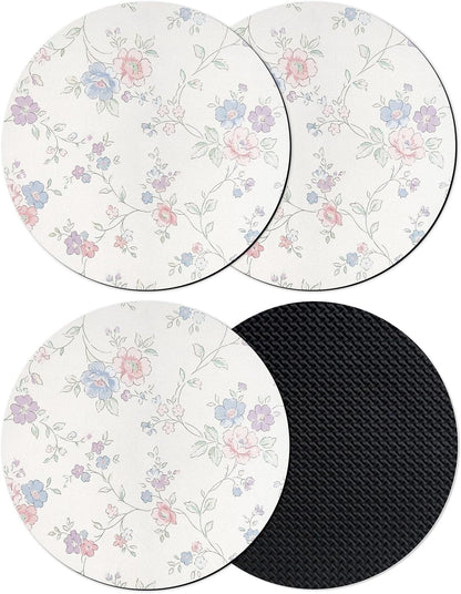 Blue Purple Flowers Coasters Set of 4, Rustic Light Purple Blue Pink Floral Silicone Coasters for Drinks Non-Slip Cup Mat for Home Kitchen Table Decor