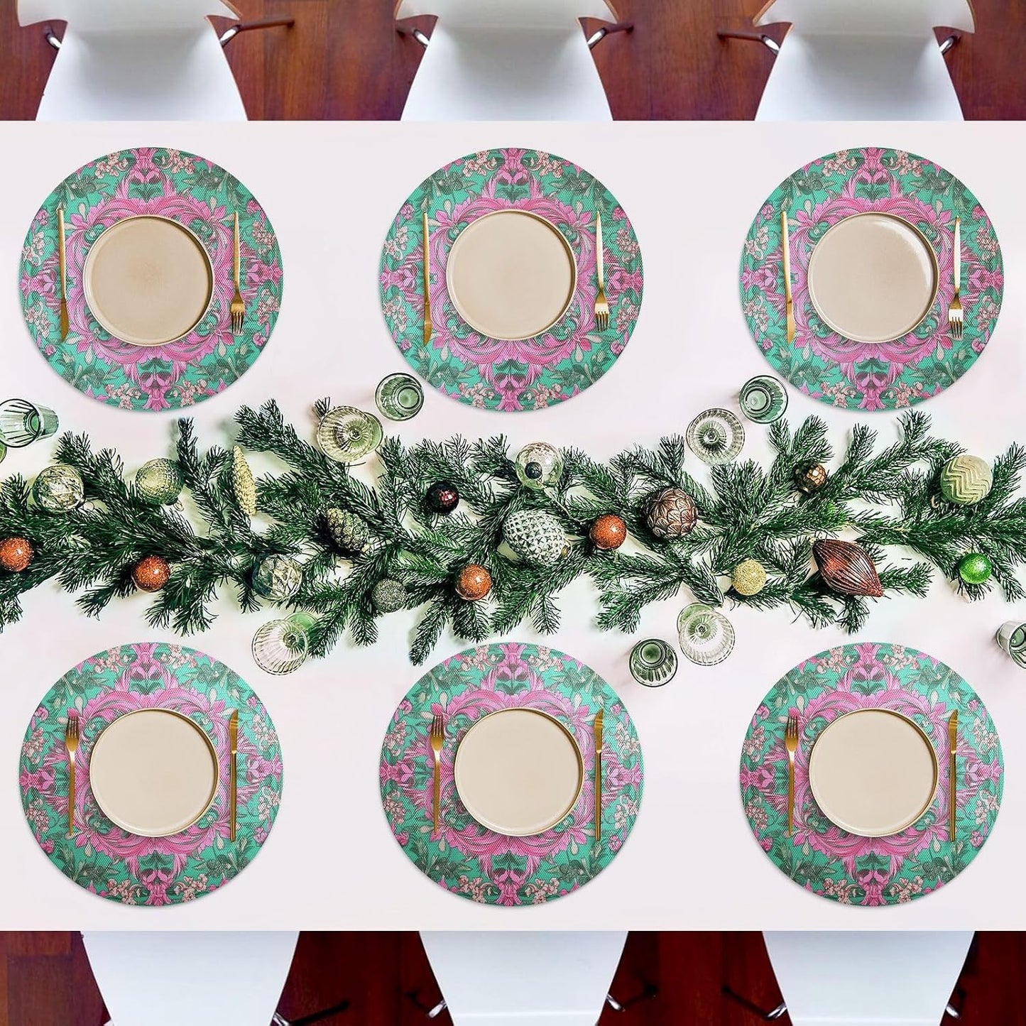 Retro Flower Pattern Peach and Green Round placemats Set Reversible Quilted placemats placemats Washable Plastic placemat with Plate placemats Easy to Clean Waterproof Round placemats Set of 6