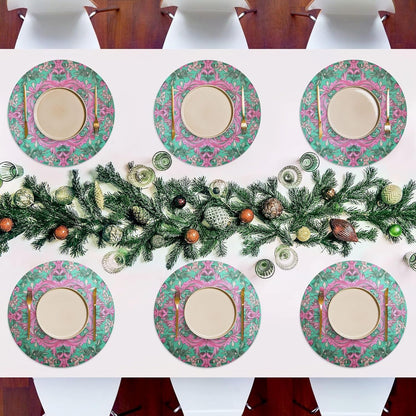 Retro Flower Pattern Peach and Green Round placemats Set Reversible Quilted placemats placemats Washable Plastic placemat with Plate placemats Easy to Clean Waterproof Round placemats Set of 6