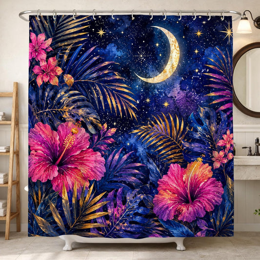 Hibiscus Shower Curtain, Tropical Nature Palm Leaves Stars Summer Peach Waterproof Fabric Bathtub Cloth Curtains Decor for Bathroom Guest Room 72x84 Inch