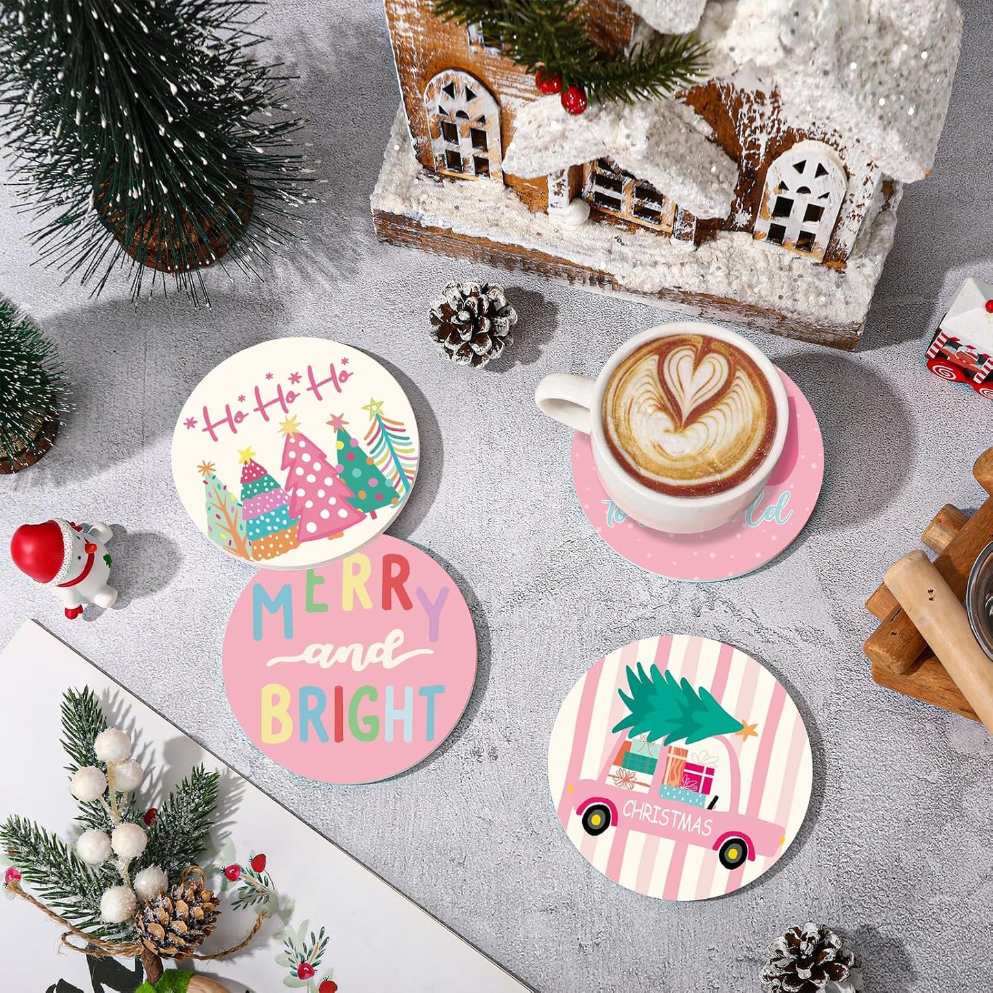 JarThenaAMCS 4Pcs Pink Christmas Cartoon Coasters Winter Snowflake Xmas Tree Truck Ceramic Coasters Absorbent Cup Mat for Mug Cup Home Kitchen Office Party Table Decor