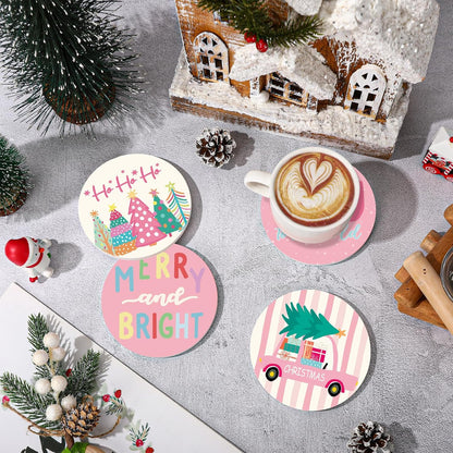 JarThenaAMCS 4Pcs Pink Christmas Cartoon Coasters Winter Snowflake Xmas Tree Truck Ceramic Coasters Absorbent Cup Mat for Mug Cup Home Kitchen Office Party Table Decor