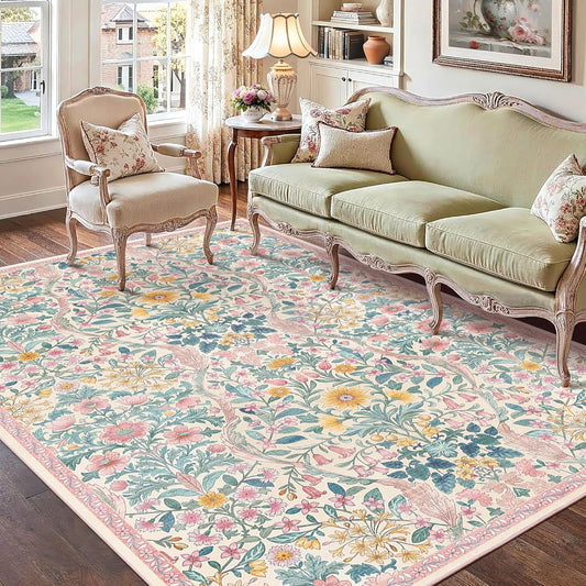 5×7 Area Rugs Light Pink Washable Floral Rug,Vintage Boho Soft Low-Pile Living Room Rugs, Stain Resistant Botanical Non-Slip Carpet for Girls Bedroom,Dining Room,Kids Nursery,Home Decor
