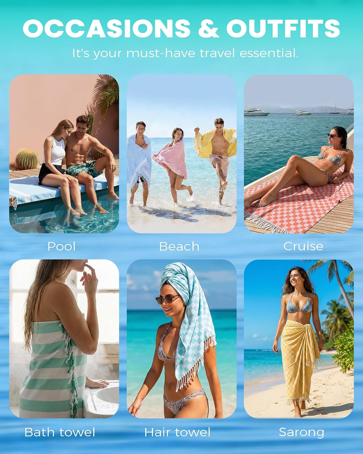 Travel Vacation Essentials Turkish Beach Towel Bath Towels Quick Dry Sand Free Oversized Bath Pool Swim Extra Large XL Blanket Adult Travel Cruise Accessories Must Haves Clearance Stuff Necessities
