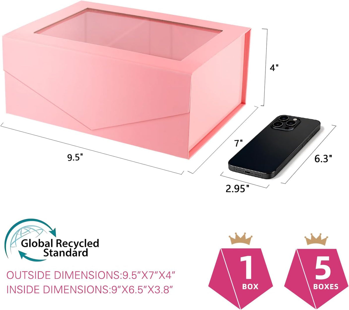 Pink Clear Magnetic Lid Gift Box with Window 9x6.5x3.8 Inches