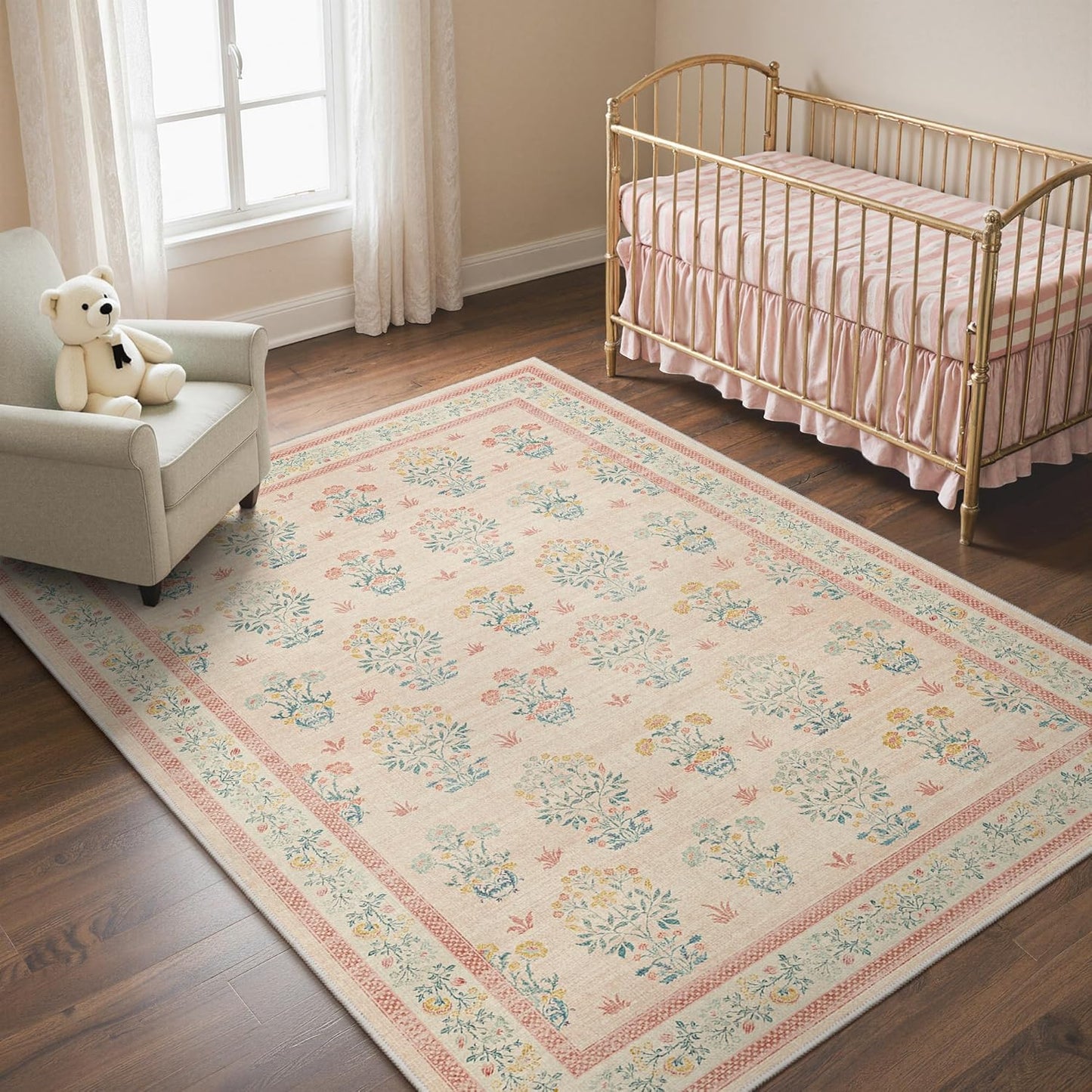 GENIMO 5x7 Vintage Floral Area Rug, Soft Microfiber Washable Rug with Non-Slip Backing, Pink Carpet for Living Room, Bedroom and Dining Room