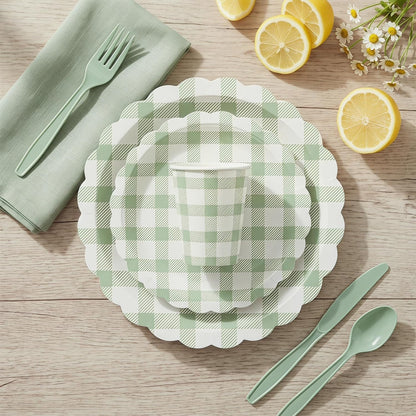 350 PCS Sage Green Gingham Party Supplies,Pink Gingham Birthday Party Set with 9" & 7" Gingham Plates, Napkins, Forks, Knives, Spoons,Perfect for Baby Shower Decorations,Wedding, Outdoor Picnic