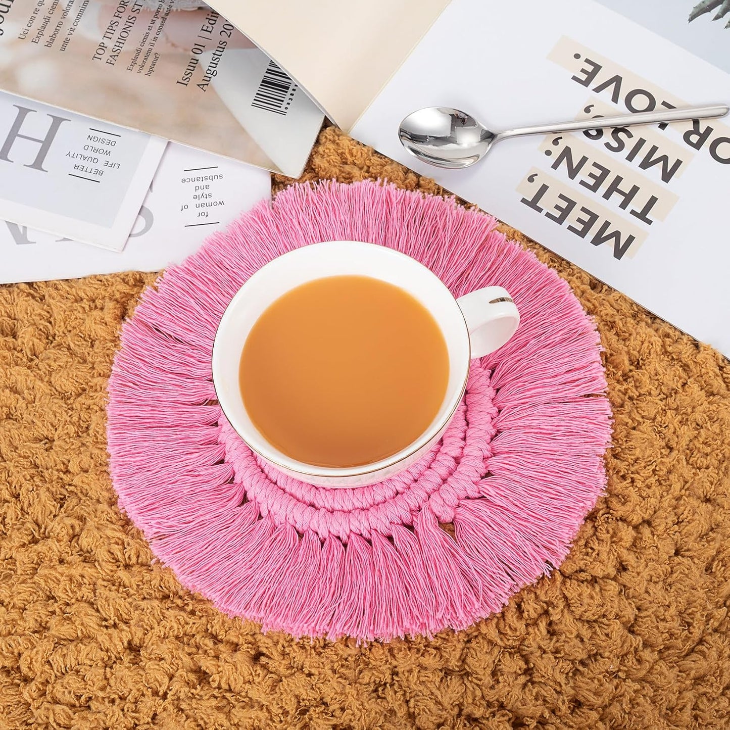 Pndeyo Round Coasters for Drinks Absorbent, Boho Braided Coasters with Tassels, Heat Resistant Cotton Coffee Cup Mat for Home Decor Wooden Tabletop Protection- Pink