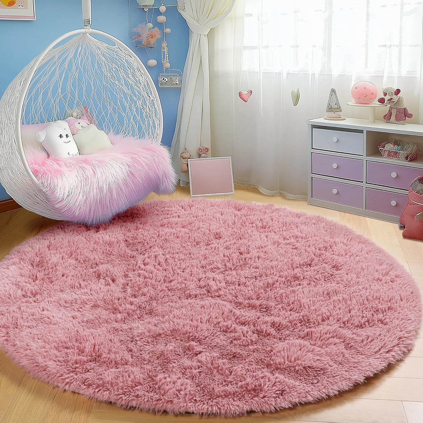 PAGISOFE Round Rug 4Ft, Soft Blush Round Circle Rugs for Girls Room Decor, Fluffy Bedroom Carpets, Shaggy Rugs, Small Teepee Furry Mat, Comfy Reading Circular Rug, Kids Nursery Room Decor