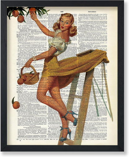Poster Master Dictionary Art Poster - Retro Pin-Up Girl Print - Picking Peaches Art - Gift for Her, Women - Classic Wall Decor for Kitchen, Restaurant, Bedroom, Office - 8x10 UNFRAMED Wall Art