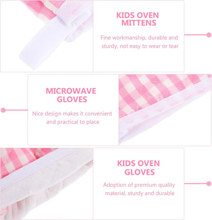 2Pcs Oven Mitts for Play Kitchen, Anti- Scald Gloves Microwave Oven Gloves Kitchen Mitts for Safe Baking Cooking (Pink Checkered)