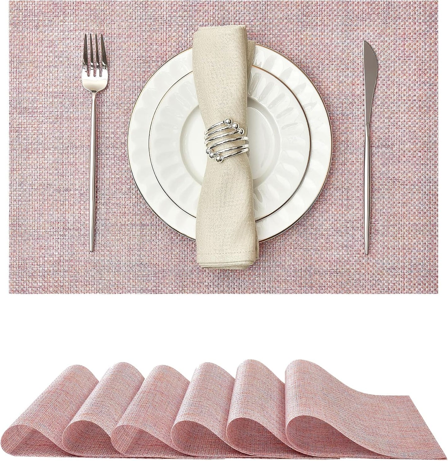 Leetaltree Sparkling Pink Iridescent Vinyl Woven Placemats, Set of 6, Waterproof Washable Dining Table Mats for Wedding, Anniversary, Daily Use & Decor