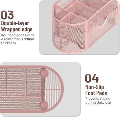 SUPEASY Mesh Desk Organizer, Desk Accessories & Workspace Organizers with Drawers, Pencil Holder for Desk with 9 Compartments for Office Suppliess, School, Classroom, 8.6 x 4.3 x 4.1 Inch, Pink
