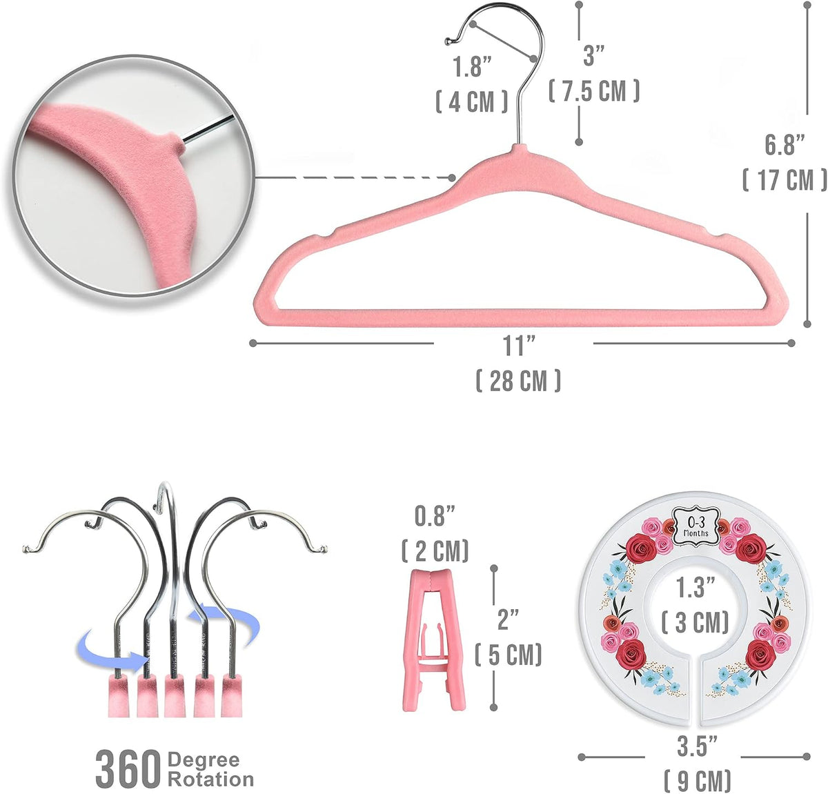 Velvet Baby Hangers with 10x Clips and 8X Dividers (30 Pack) | 11” Ultra-Slim Baby Clothes Hangers | Non-Slip Felt | Space-Saving Nursery & Infant Closet Organizer | Pink