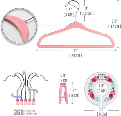 Velvet Baby Hangers with 10x Clips and 8X Dividers (30 Pack) | 11” Ultra-Slim Baby Clothes Hangers | Non-Slip Felt | Space-Saving Nursery & Infant Closet Organizer | Pink