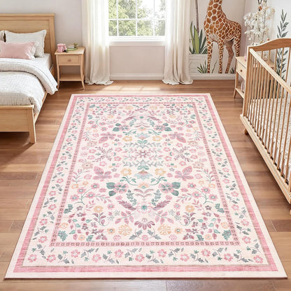 GarveeHome 10x14 Area Rugs for Living Room Machine Washable Floral Rugs Soft Stain Resistant Non-Slip Backing Low Pile Floor Carpet for Bedroom Girls Room Farmhouse Pink