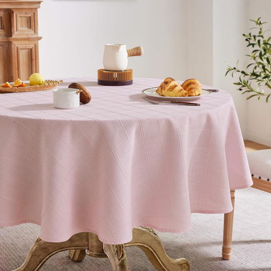 ZeeMart Linen Checked Round Table Cloth 60 Inch Pink | Farmhouse Style Plaid Embroidered Pink Water Resistant Round Table Cover