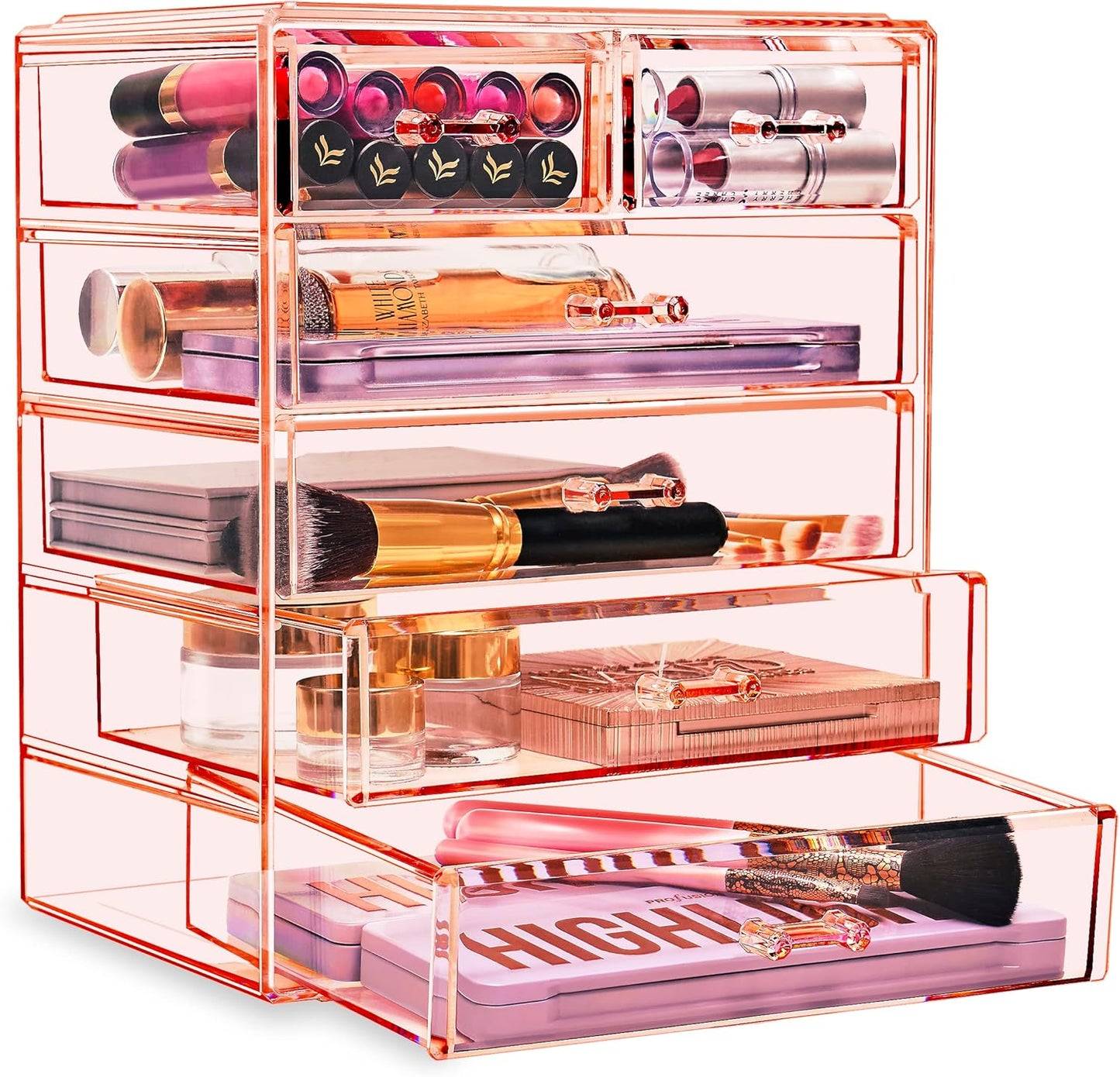 Sorbus Acrylic Makeup Organizer Set, 6-Drawer Vanity & Countertop Cosmetic Storage with Small & Wide Drawers, Pink Makeup Storage for Brushes, Lipsticks, Jewelry – Holiday Gift for Women & Teens