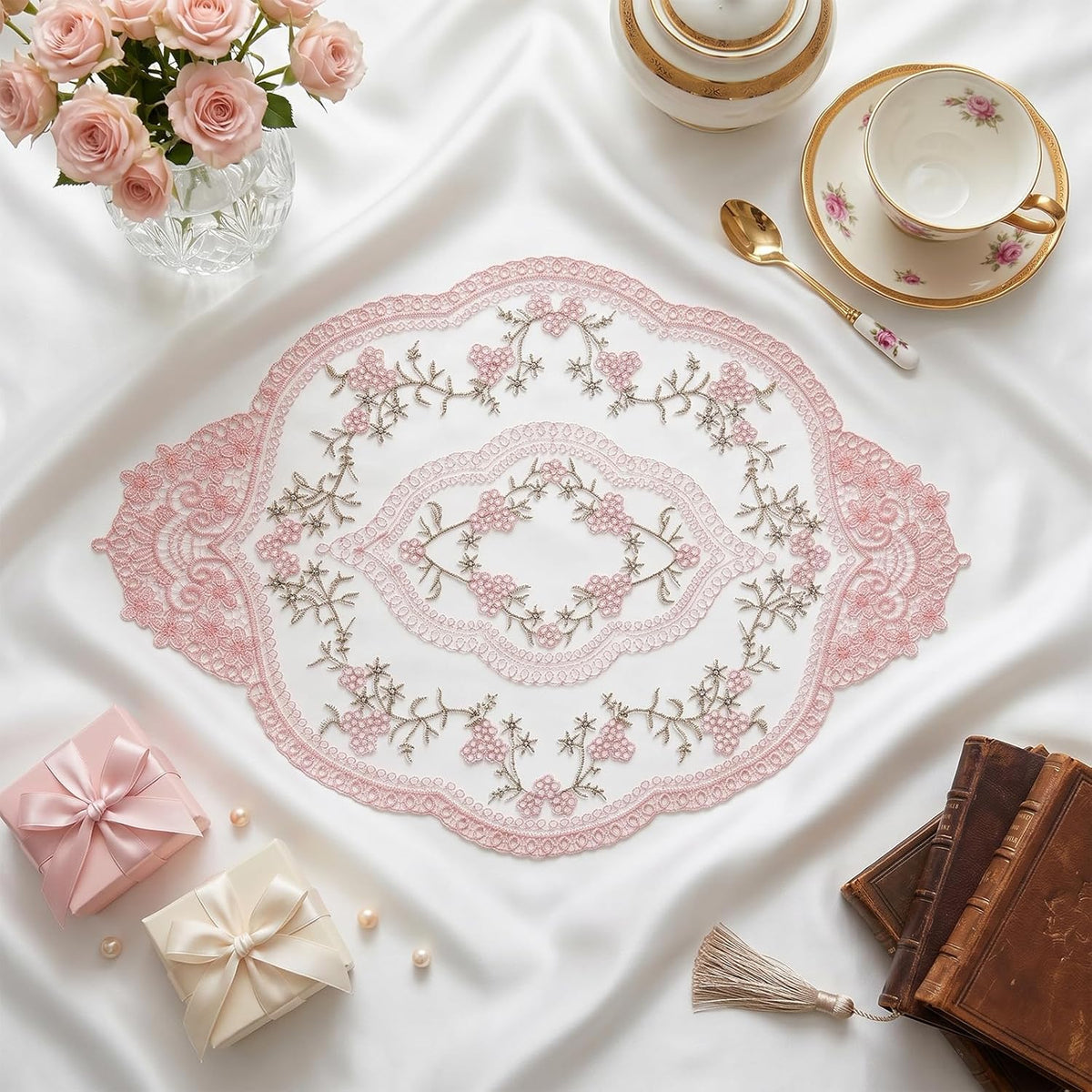 4Pcs Retro Lace Placemat | Lace Doilie for Tables Elegant French Crochet Doilies Pink Oval Cup Mat | Table Mats Fashionable Laces Doilies Hollow Vase Mat for Table Decor Home Kitchen Wedding(Pink)