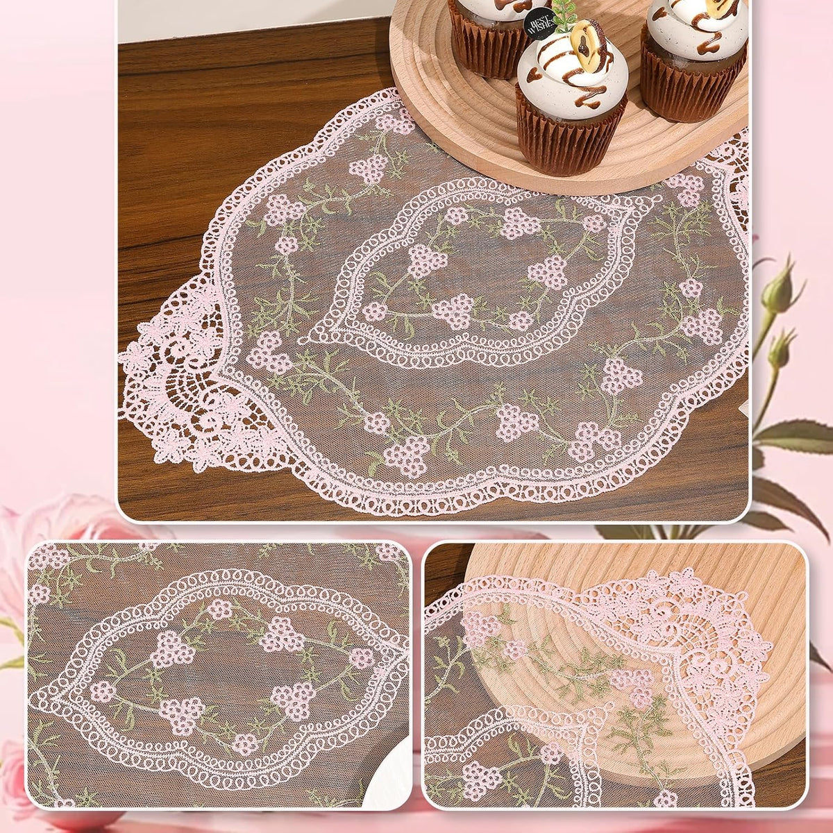 4Pcs Retro Lace Placemat | Lace Doilie for Tables Elegant French Crochet Doilies Pink Oval Cup Mat | Table Mats Fashionable Laces Doilies Hollow Vase Mat for Table Decor Home Kitchen Wedding(Pink)
