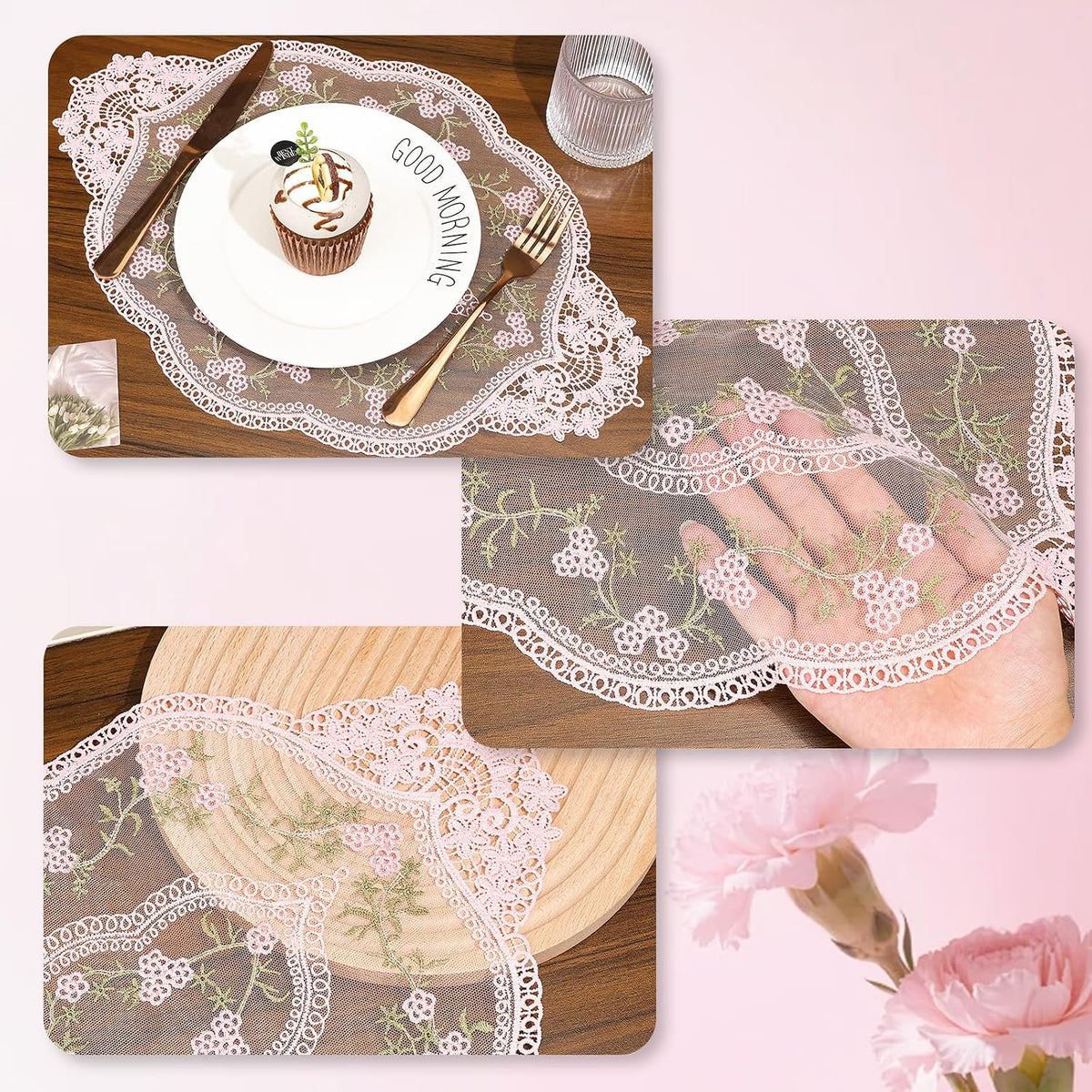 4Pcs Retro Lace Placemat | Lace Doilie for Tables Elegant French Crochet Doilies Pink Oval Cup Mat | Table Mats Fashionable Laces Doilies Hollow Vase Mat for Table Decor Home Kitchen Wedding(Pink)