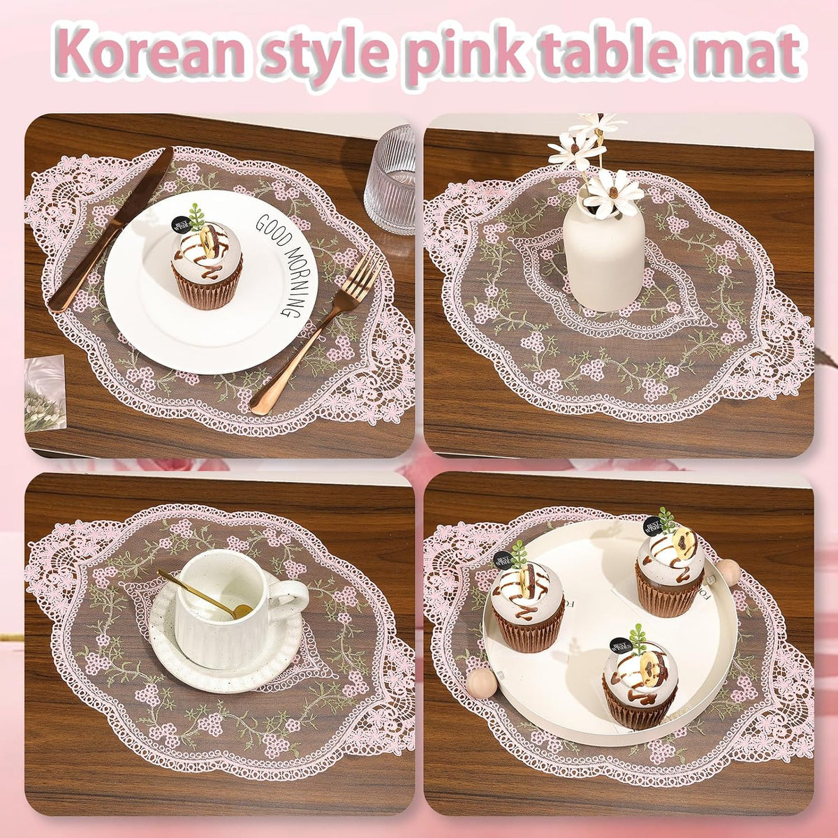4Pcs Retro Lace Placemat | Lace Doilie for Tables Elegant French Crochet Doilies Pink Oval Cup Mat | Table Mats Fashionable Laces Doilies Hollow Vase Mat for Table Decor Home Kitchen Wedding(Pink)