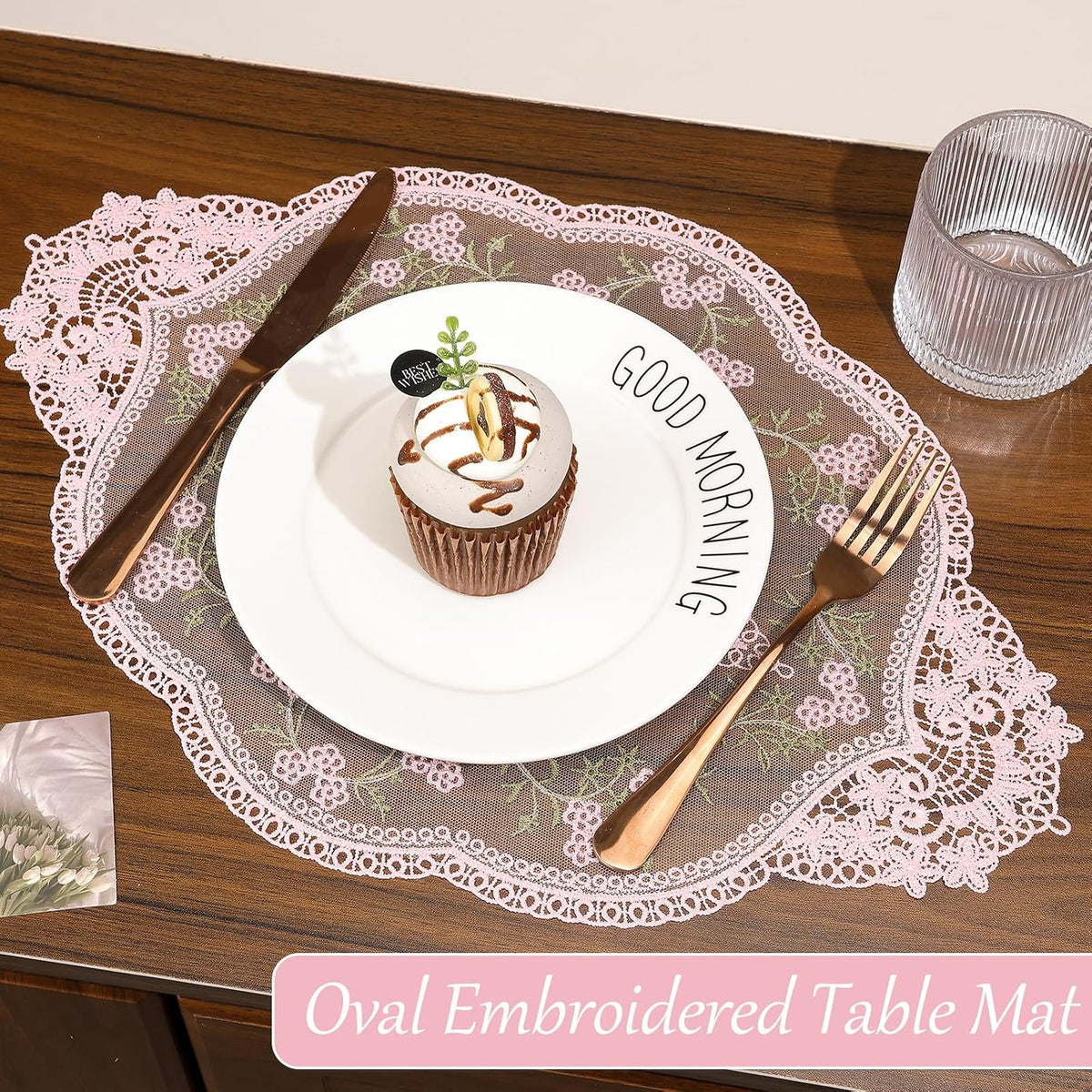 4Pcs Retro Lace Placemat | Lace Doilie for Tables Elegant French Crochet Doilies Pink Oval Cup Mat | Table Mats Fashionable Laces Doilies Hollow Vase Mat for Table Decor Home Kitchen Wedding(Pink)
