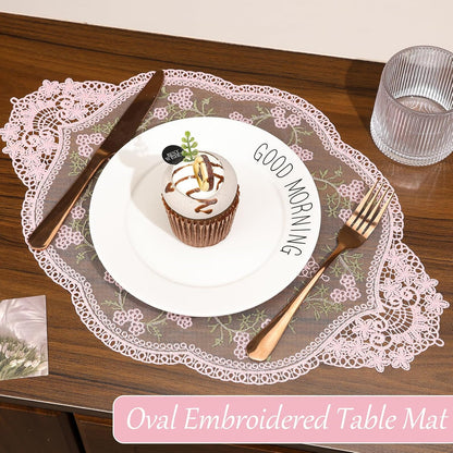 4Pcs Retro Lace Placemat | Lace Doilie for Tables Elegant French Crochet Doilies Pink Oval Cup Mat | Table Mats Fashionable Laces Doilies Hollow Vase Mat for Table Decor Home Kitchen Wedding(Pink)