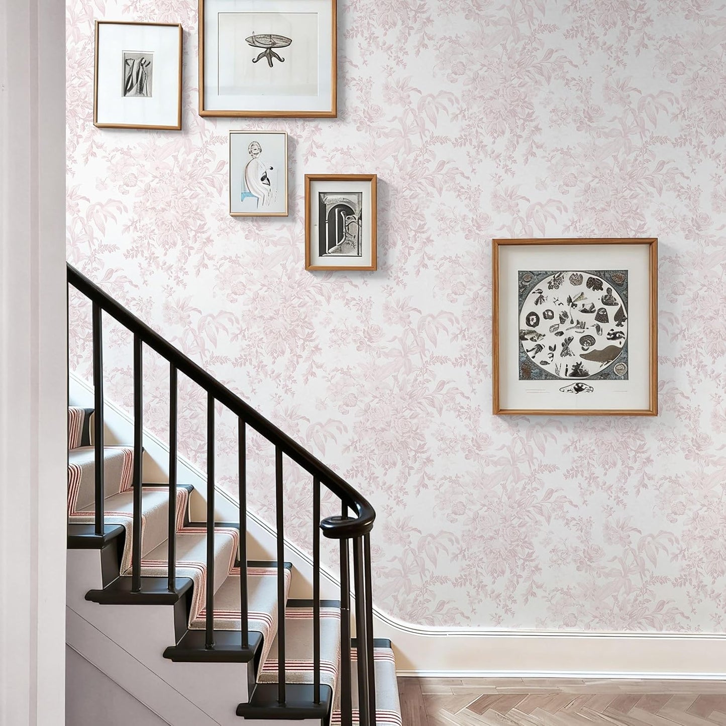 Heroad Pink Peel and Stick Wallpaper Toile Floral Contact Paper Boho Leaf Removable Wall Paper Self Adhesive Stick On Wallpaper for Girls Bedroom Bathroom Renter Friendly Vinyl Roll 17.3''X78.7''