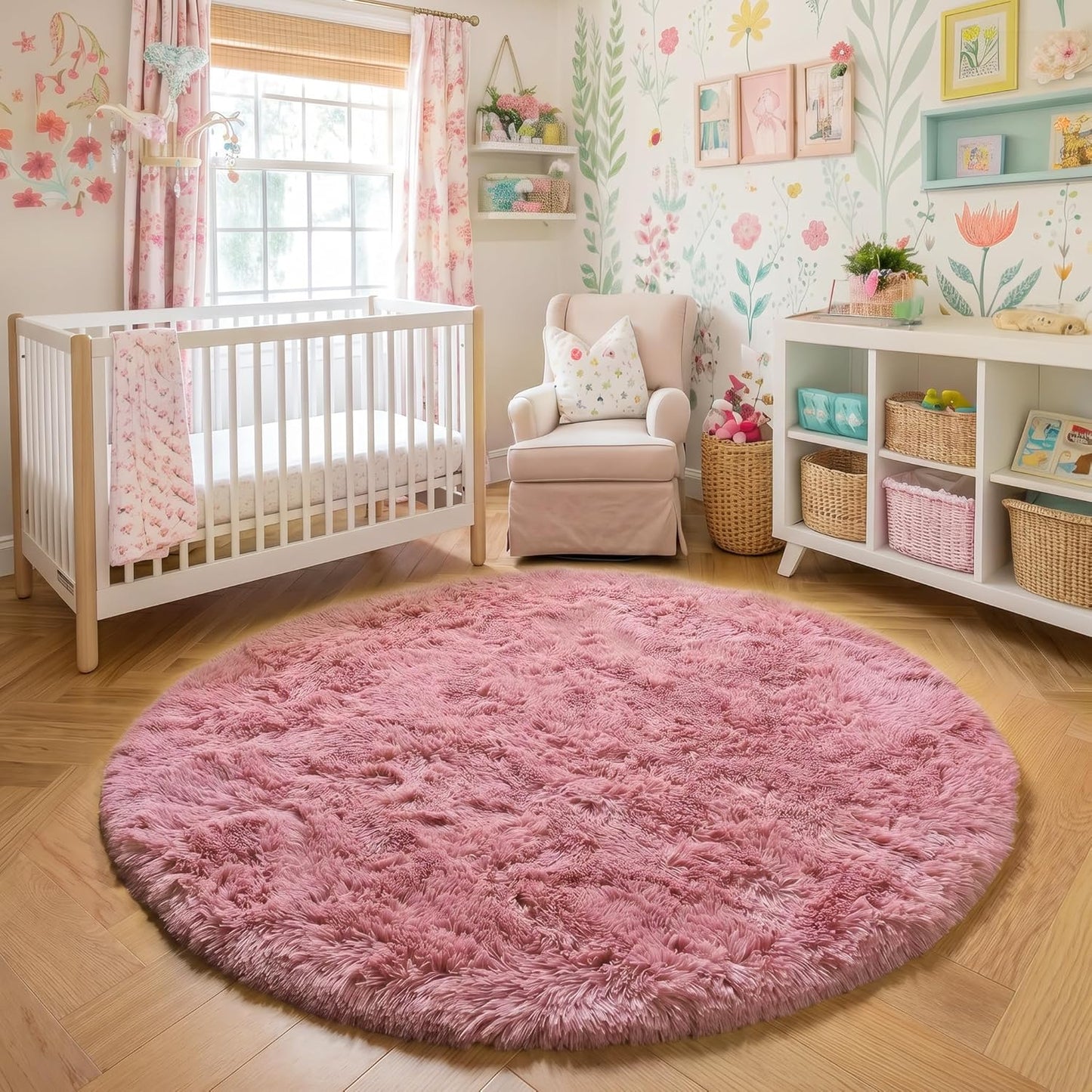 Amdrebio Blush Fluffy Round Rug 4Ft for Bedroom, Fuzzy Furry Circle Area Rugs for Kids Room Decor Aesthetic, Shaggy Circular Carpet for Girls Nursery Dorm Baby Teen, Cute Neutral Dusty Rose Mauve Rug