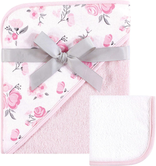 Hudson Baby Unisex Baby Cotton Hooded Towel and Washcloth, Pink Floral, One Size