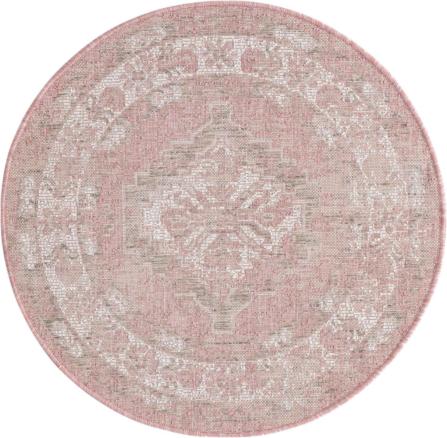 Rugs.com Outdoor Traditional Collection Rug – 3 Ft Round Pink Flatweave-Pile Rug Perfect for Kitchens, Dining Rooms