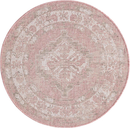 Rugs.com Outdoor Traditional Collection Rug – 3 Ft Round Pink Flatweave-Pile Rug Perfect for Kitchens, Dining Rooms
