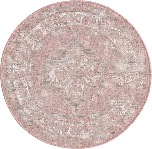 Rugs.com Outdoor Traditional Collection Rug – 3 Ft Round Pink Flatweave-Pile Rug Perfect for Kitchens, Dining Rooms