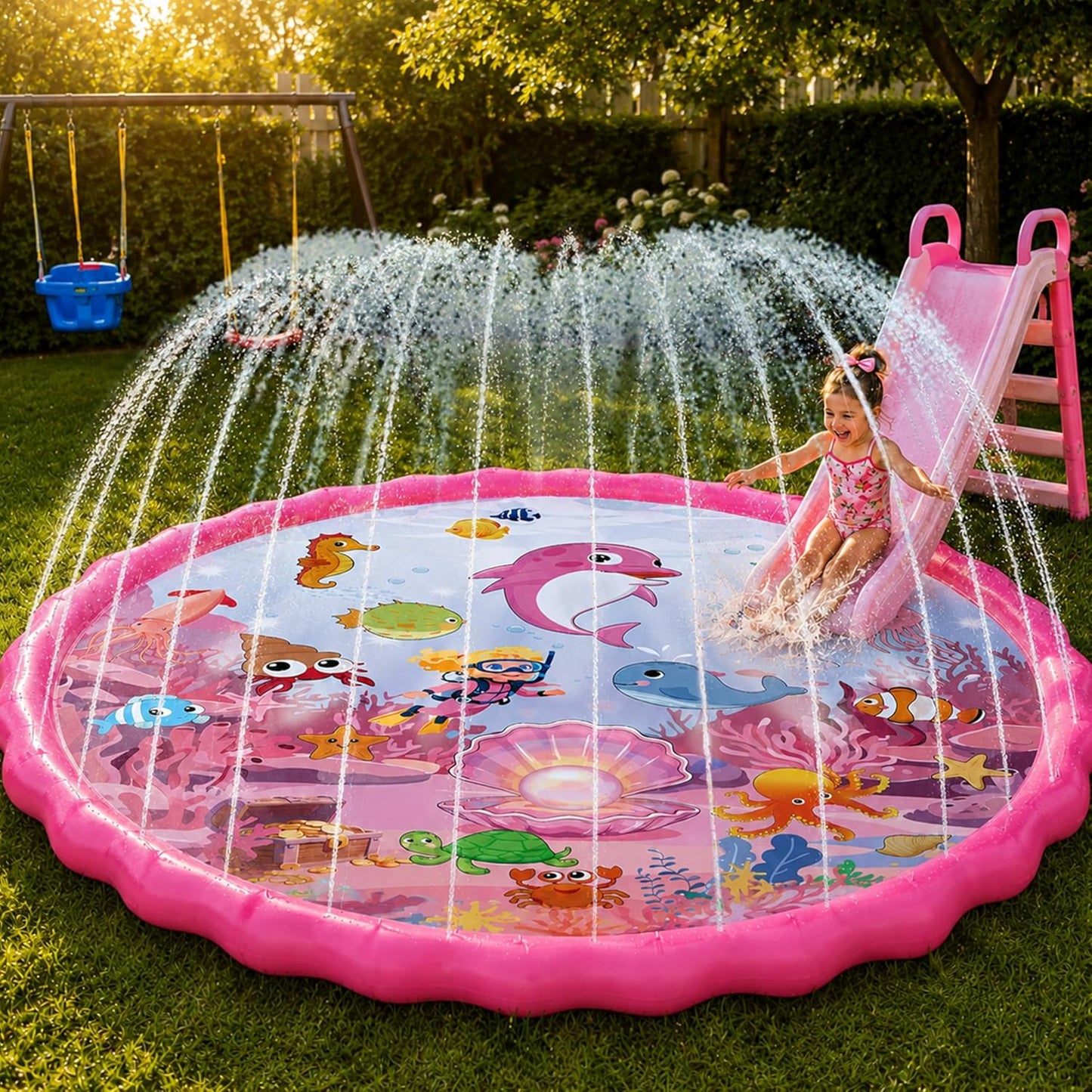 69" Splash Pad for Kids and Adults, Girls Sprinkler Water Toys for Backyard Outside, Non-Slip Wading Pool for Toddlers 1-3 4-8, Summer Outdoor Family Water Park, Pink Ocean