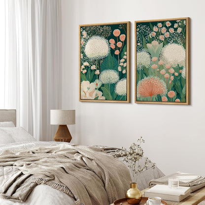 MUDECOR Framed Canvas Print Wall Art Set Botanical Floral Green Garden Flowers with White and Peach Blooms Illustrations Modern Art Decorative Zen for Living Room, Bedroom, Office - 24"x36"x2 Natural